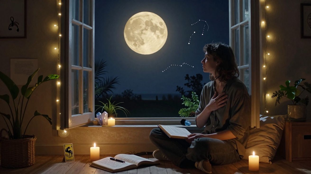 Woman sitting by an open window at night, gazing at a full moon with candles and books around her.