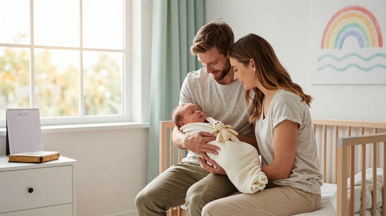 Parents sitting on a bed in a nursery, lovingly holding their newborn baby wrapped in a blanket.