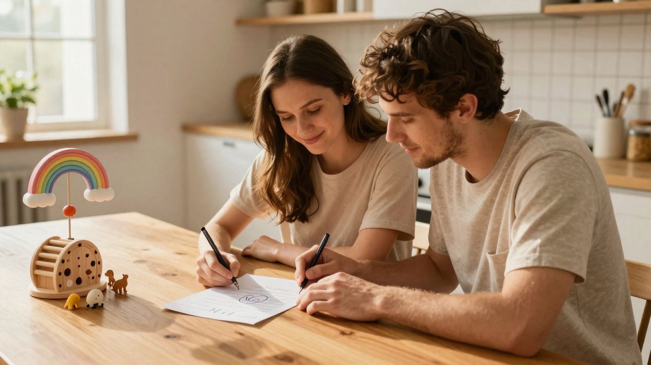 A young couple sitting at a wooden table drawing on paper together in a bright kitchen.