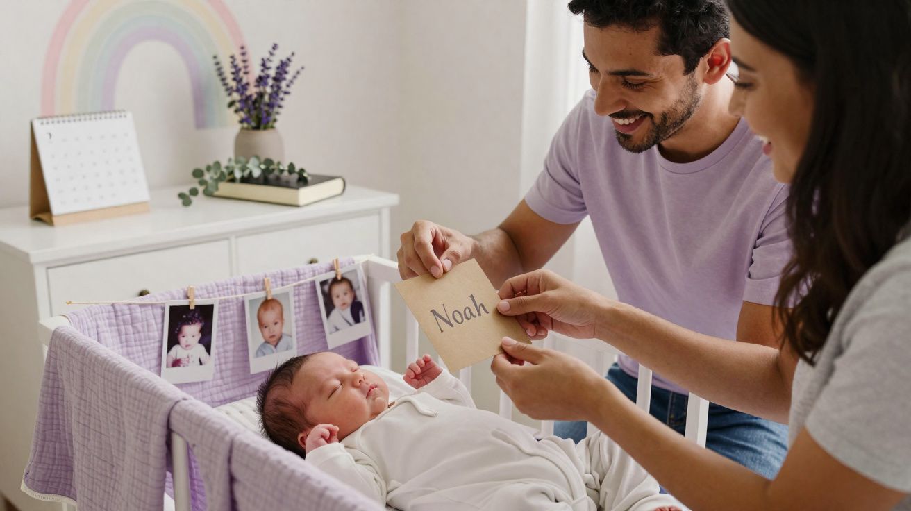 Parents holding a card with the name Noah above their sleeping baby in a white onesie in a crib.