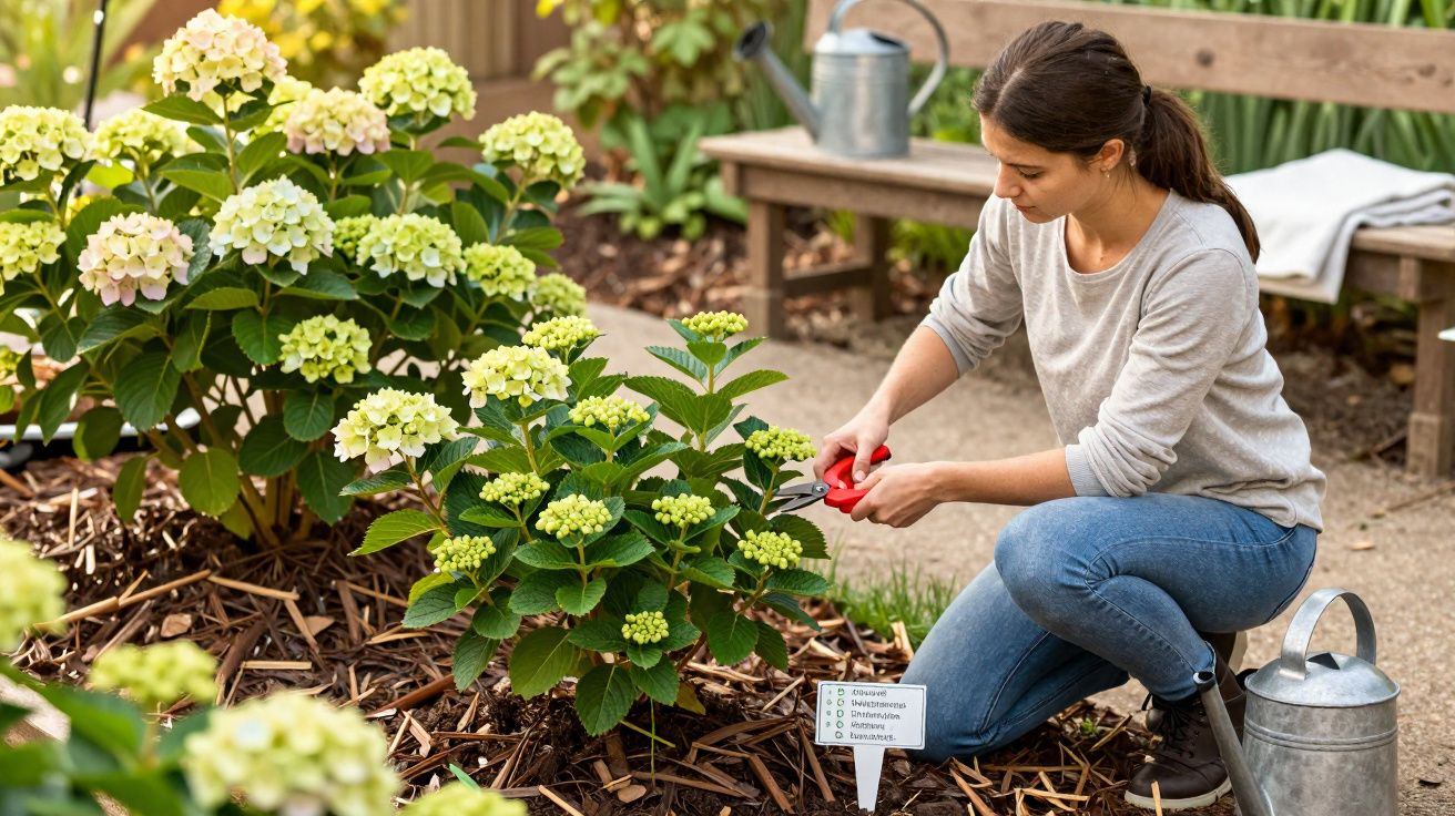 Woman pruning hydrangea bushes in a garden with gardening tools and a watering can nearby