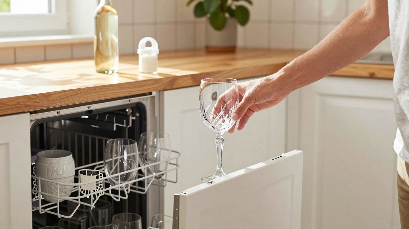 Hand taking a wine glass from an open dishwasher in a bright, modern kitchen with wooden countertops.