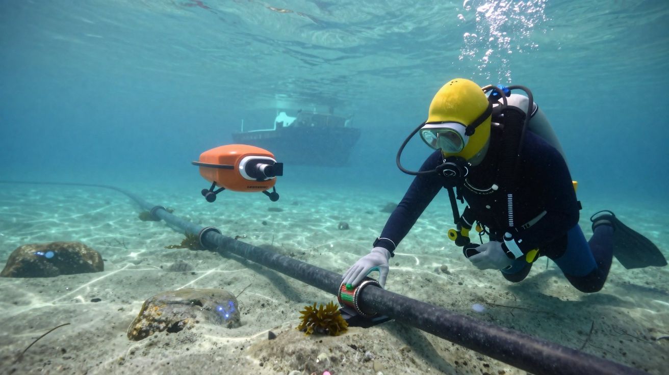 Diver inspecting underwater pipeline with a small orange underwater drone and boat visible above water.