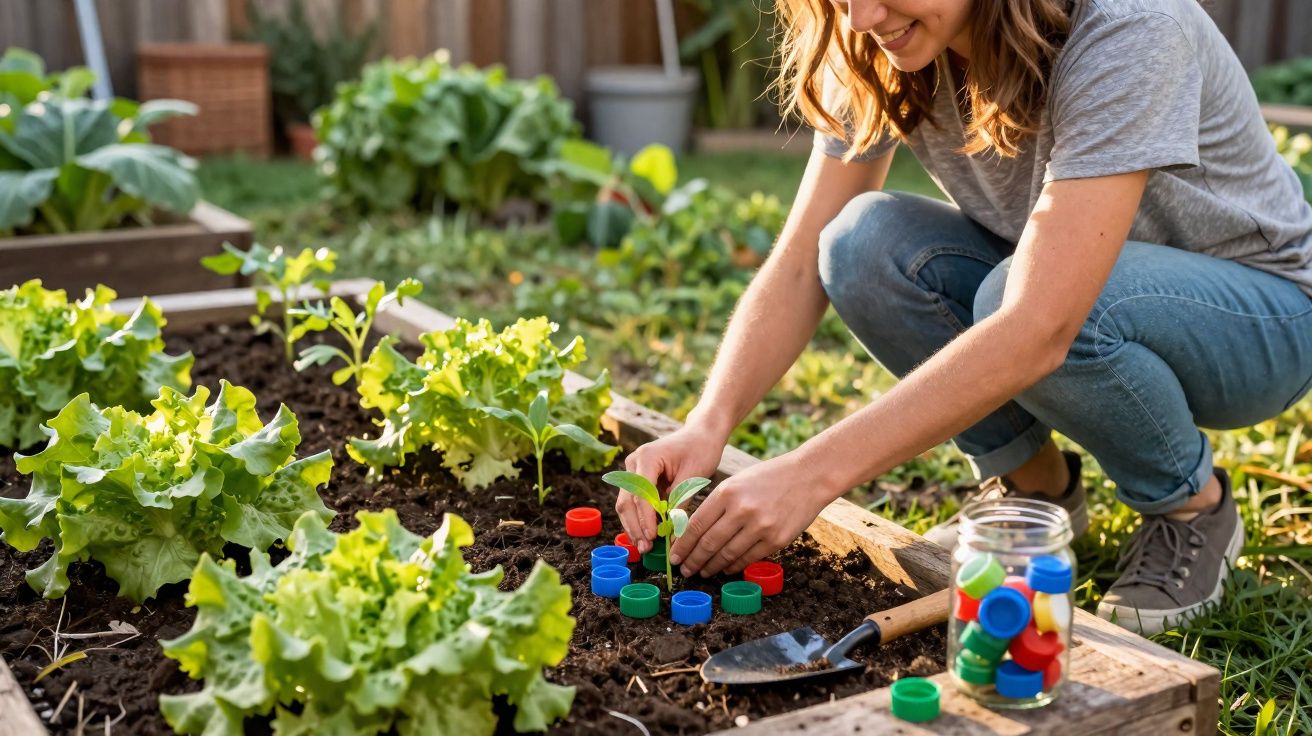 Person planting a small seedling in a garden bed surrounded by lettuce and colourful plastic bottle caps.
