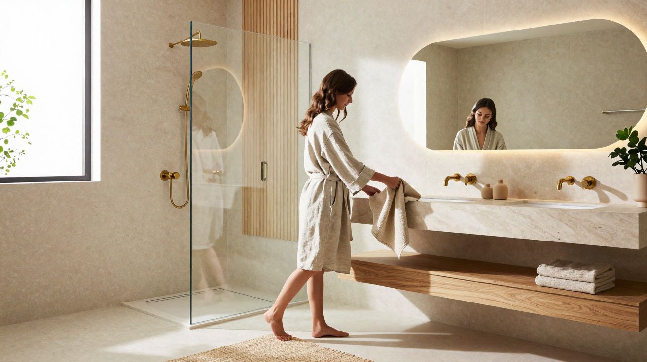 Woman in a beige robe cleaning a modern bathroom with a large mirror, glass shower, and wooden shelf.