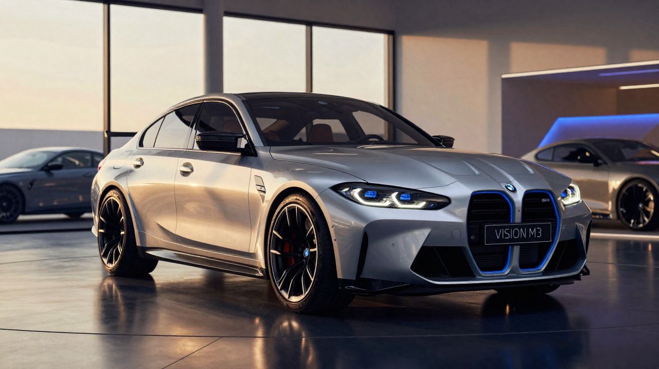 Silver BMW Vision M3 sports sedan showcased indoors with modern lighting and reflections on glossy floor.