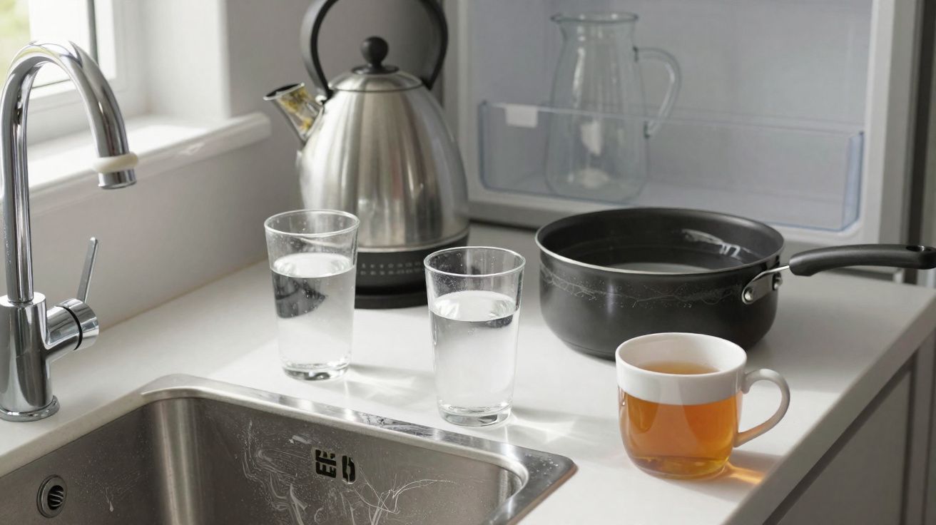 Kitchen countertop with two glasses of water, a kettle, a saucepan, and a cup of tea near a sink and open fridge.
