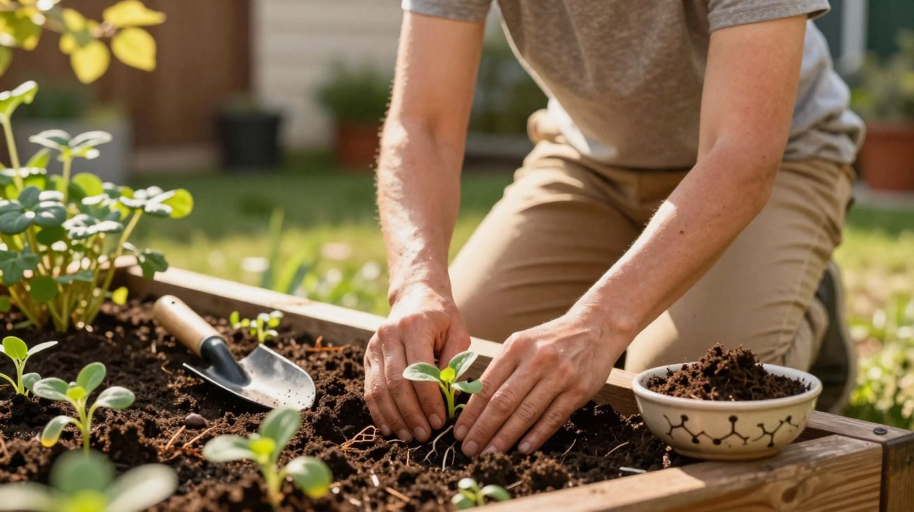 Person planting seedlings in a raised garden bed with gardening trowel and bowl of soil nearby.