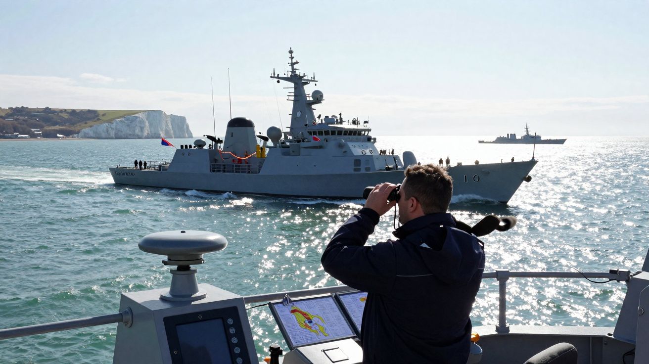 Person on a naval ship observing a passing warship with binoculars on a sunny day at sea near cliffs.
