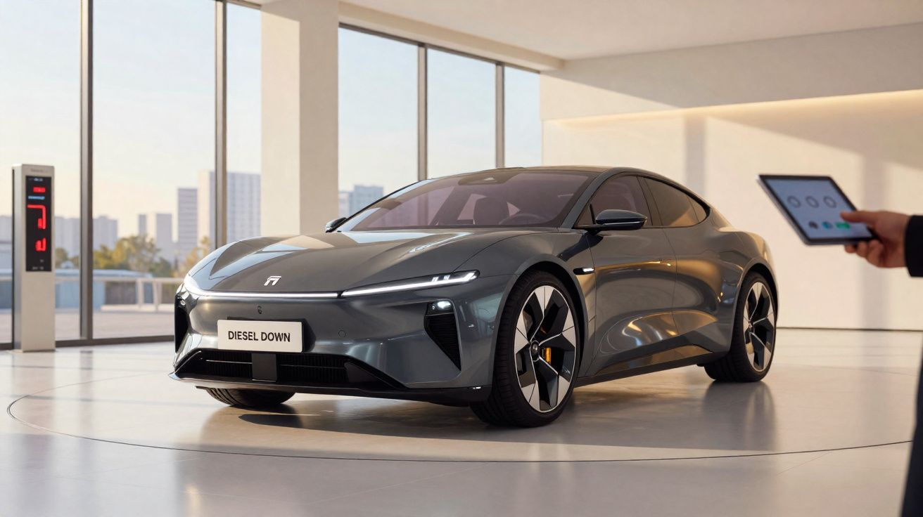 Sleek grey electric car in modern showroom with large windows and person holding a tablet nearby.