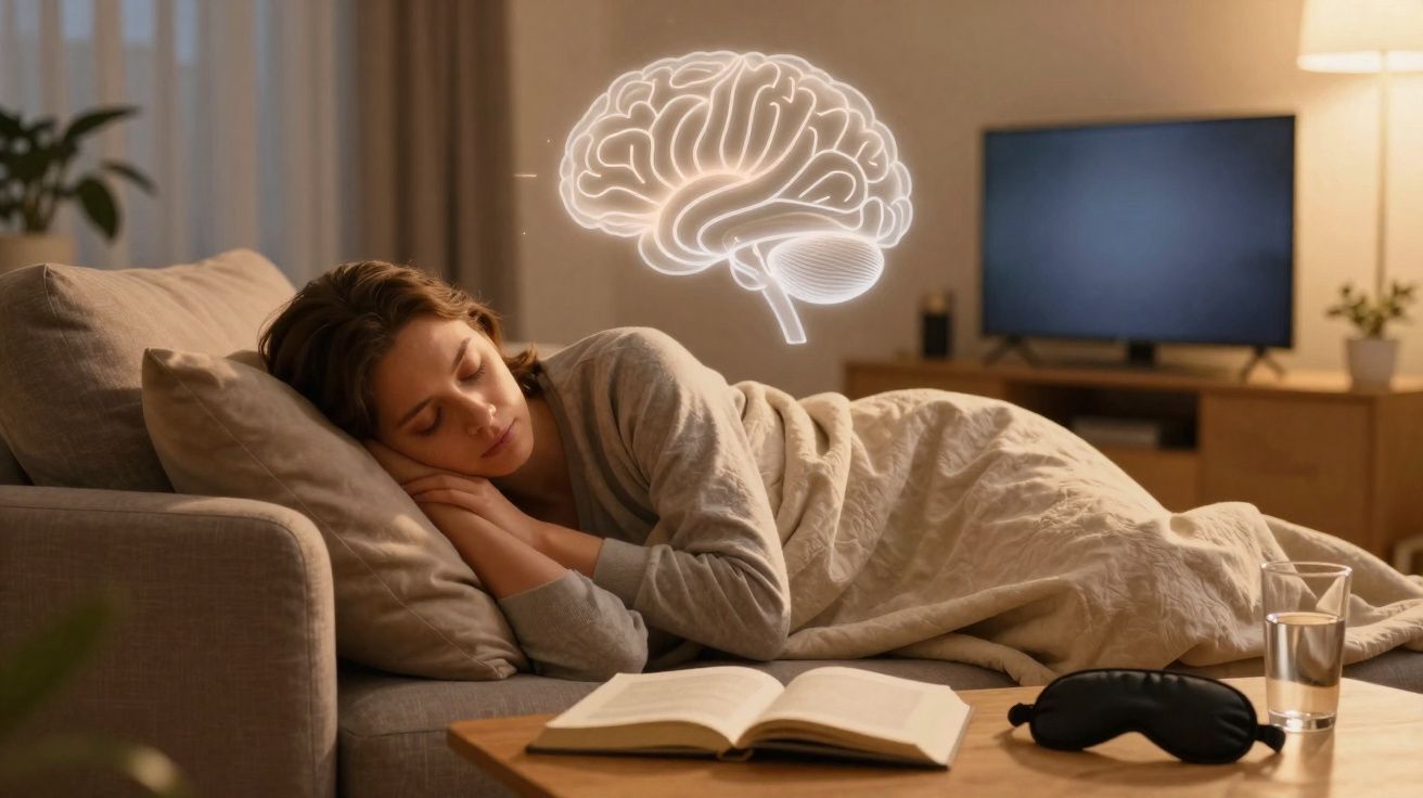 Woman sleeping on sofa with glowing brain illustration above, open book, sleep mask, and glass of water nearby