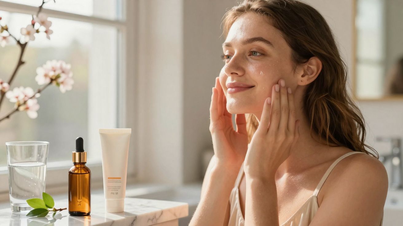 Young woman applying cream on her face in natural light near skincare products and a glass of water.