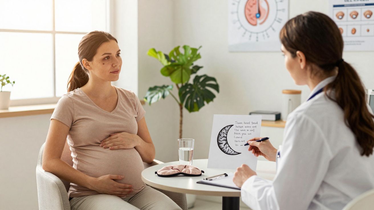 Pregnant woman in a beige shirt consulting a doctor holding a pregnancy diagram in a bright clinic room.