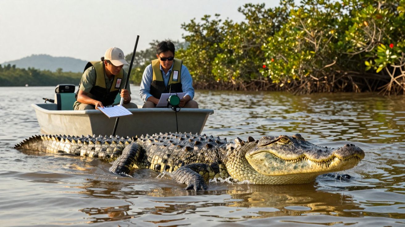 Two researchers in a boat closely observing a large crocodile swimming in a river near mangroves.