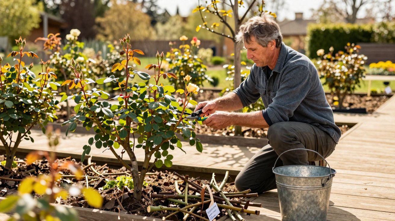 Man pruning rose bushes in a sunny garden with wooden pathways, surrounded by blooming flowers and a metal bucket.