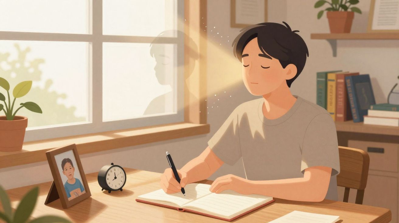 Young man writing in a notebook at a desk with sunlight through the window and a photo of a child nearby.
