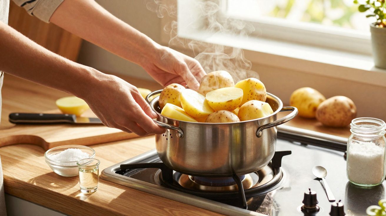Hands holding a pot of steaming boiled potatoes on a gas stove in a bright kitchen.