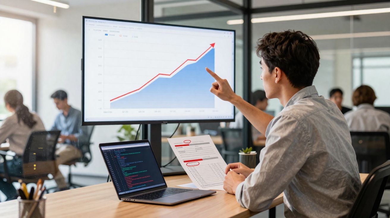 Man analysing rising business graph on large screen with laptop and printed report in modern office.