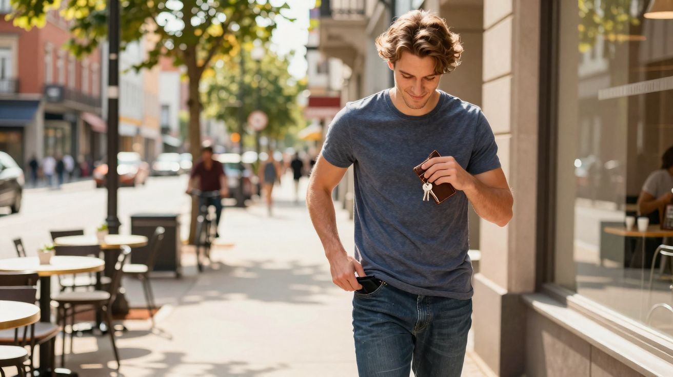 Young man walking down a sunlit street holding keys and a wallet near outdoor café tables.