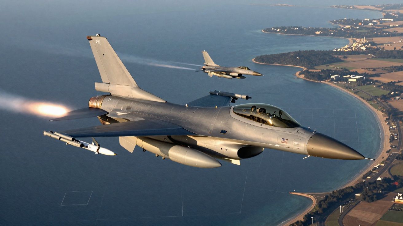 Two military fighter jets flying over a coastal area with one jet firing a missile.