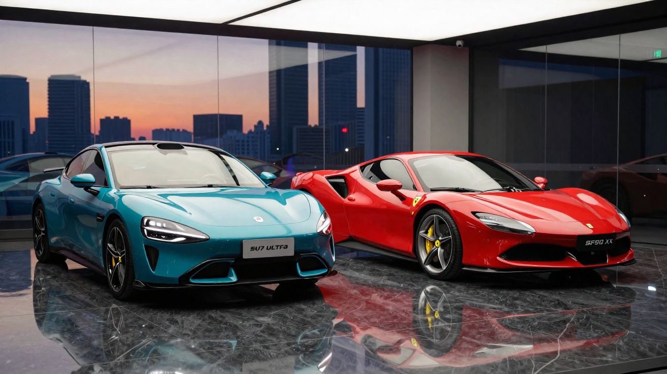 Blue SV7 Ultra and red SF90 XX sports cars displayed indoors with city skyline at sunset in background