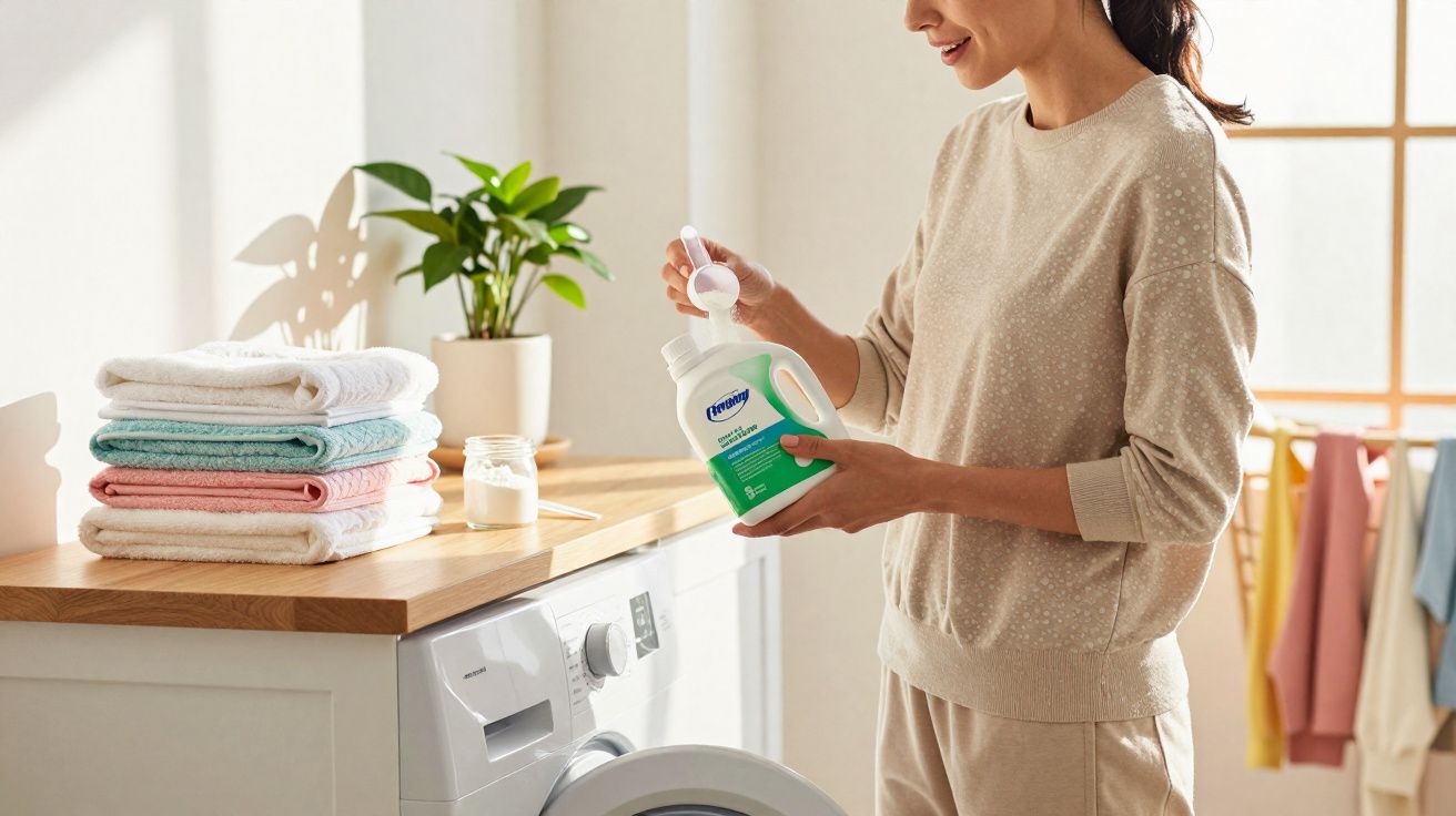 Person measuring laundry detergent in a bright laundry room with folded towels and plants nearby.