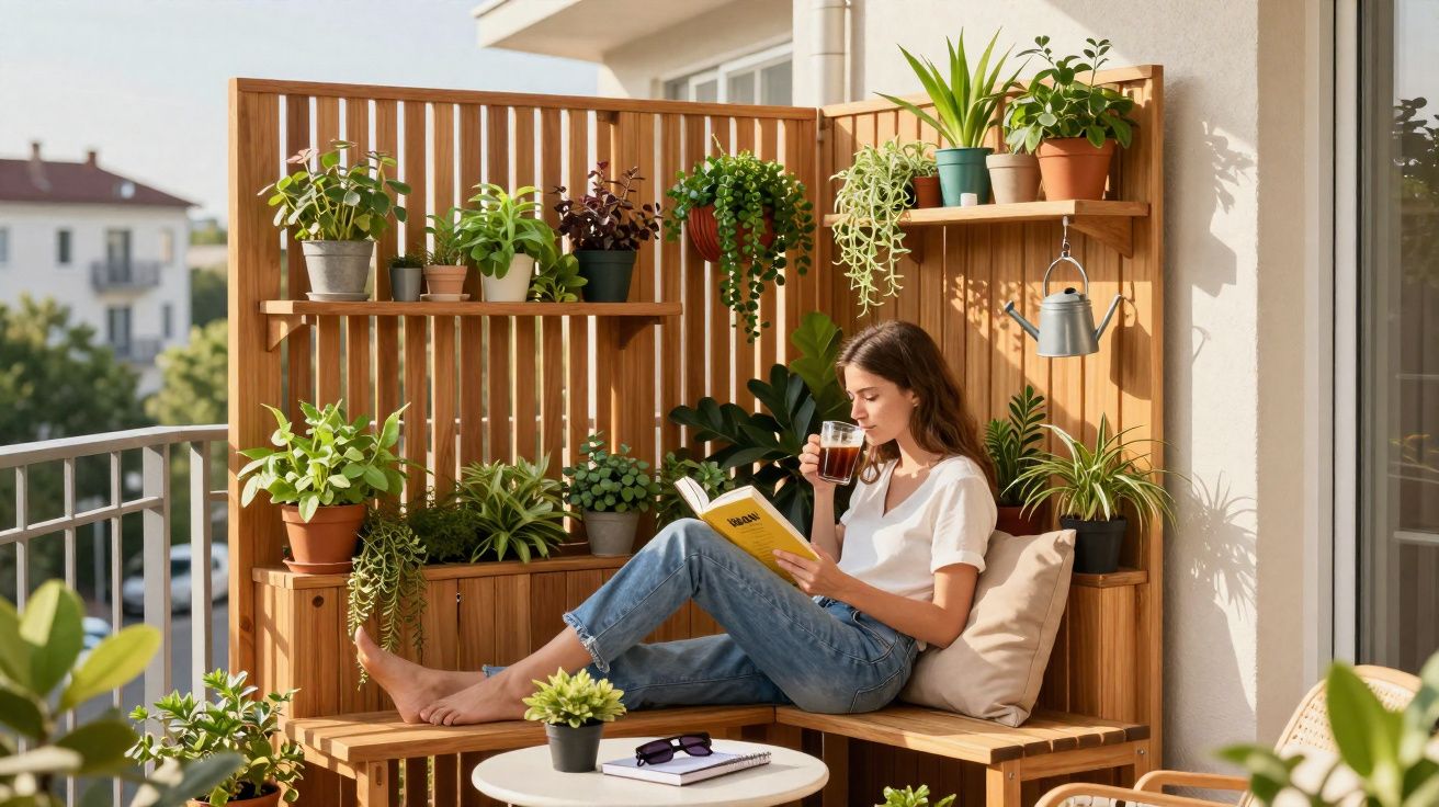 Woman relaxing on a balcony surrounded by potted plants, reading a book and drinking from a glass mug.