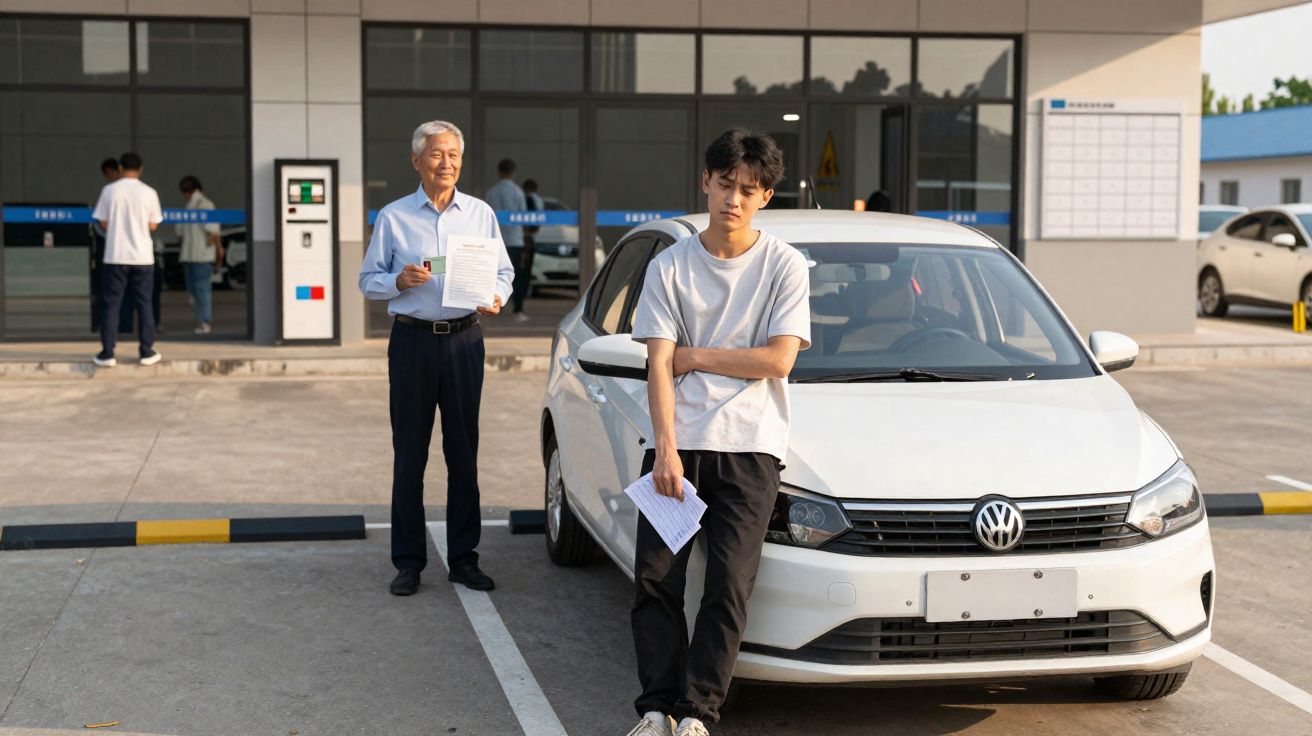 Young man leaning on a white Volkswagen car with an older man holding documents in the background outside a building.