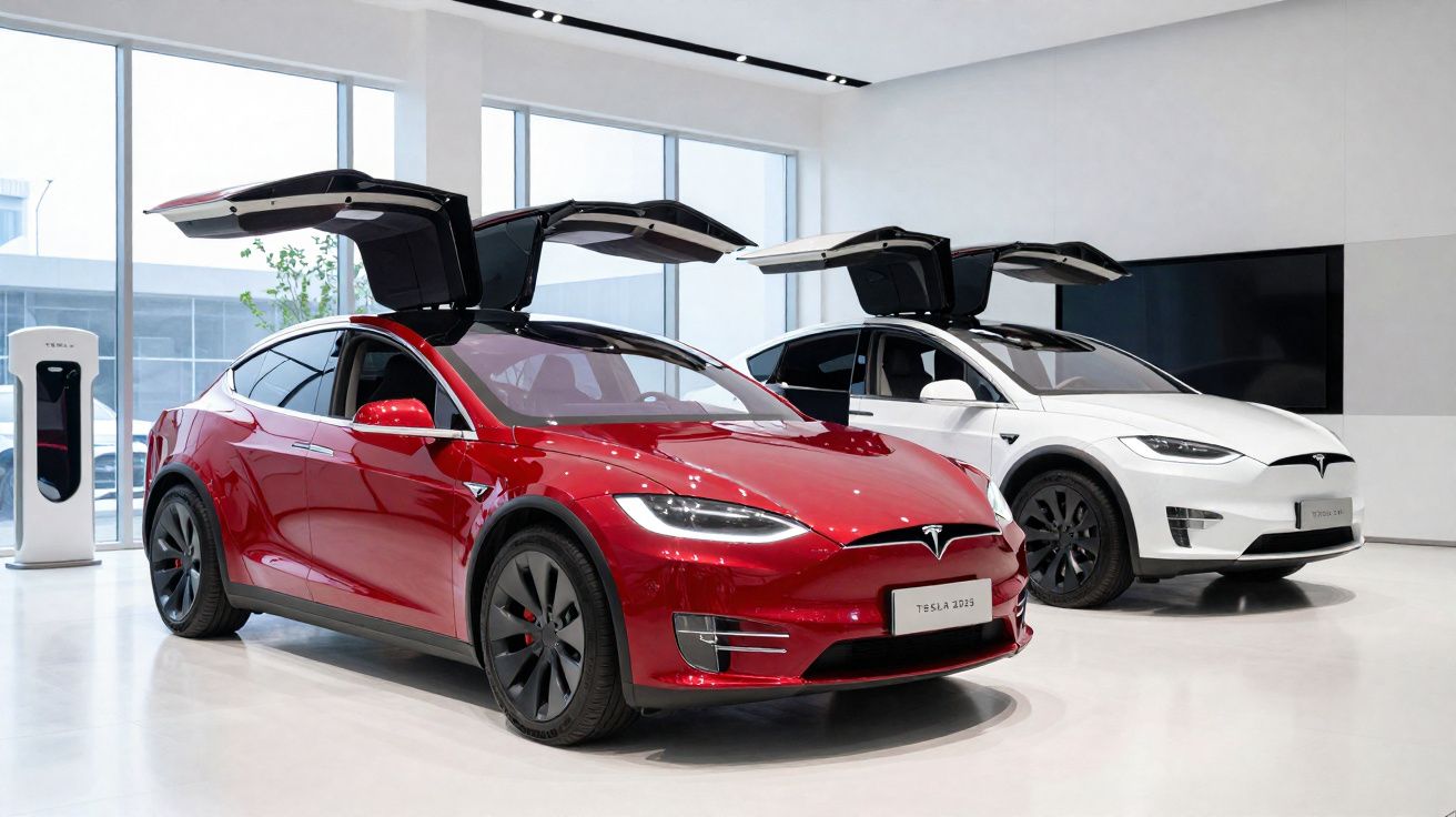 Two Tesla Model X electric cars, one red and one white, with gull-wing doors open inside a showroom.