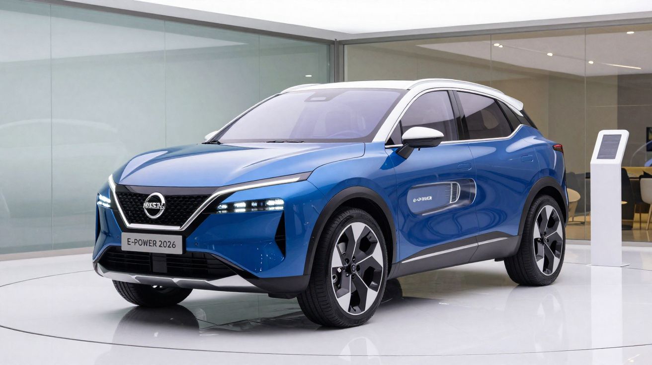 Blue Nissan E-Power 2026 electric SUV displayed indoors on a white rotating platform.