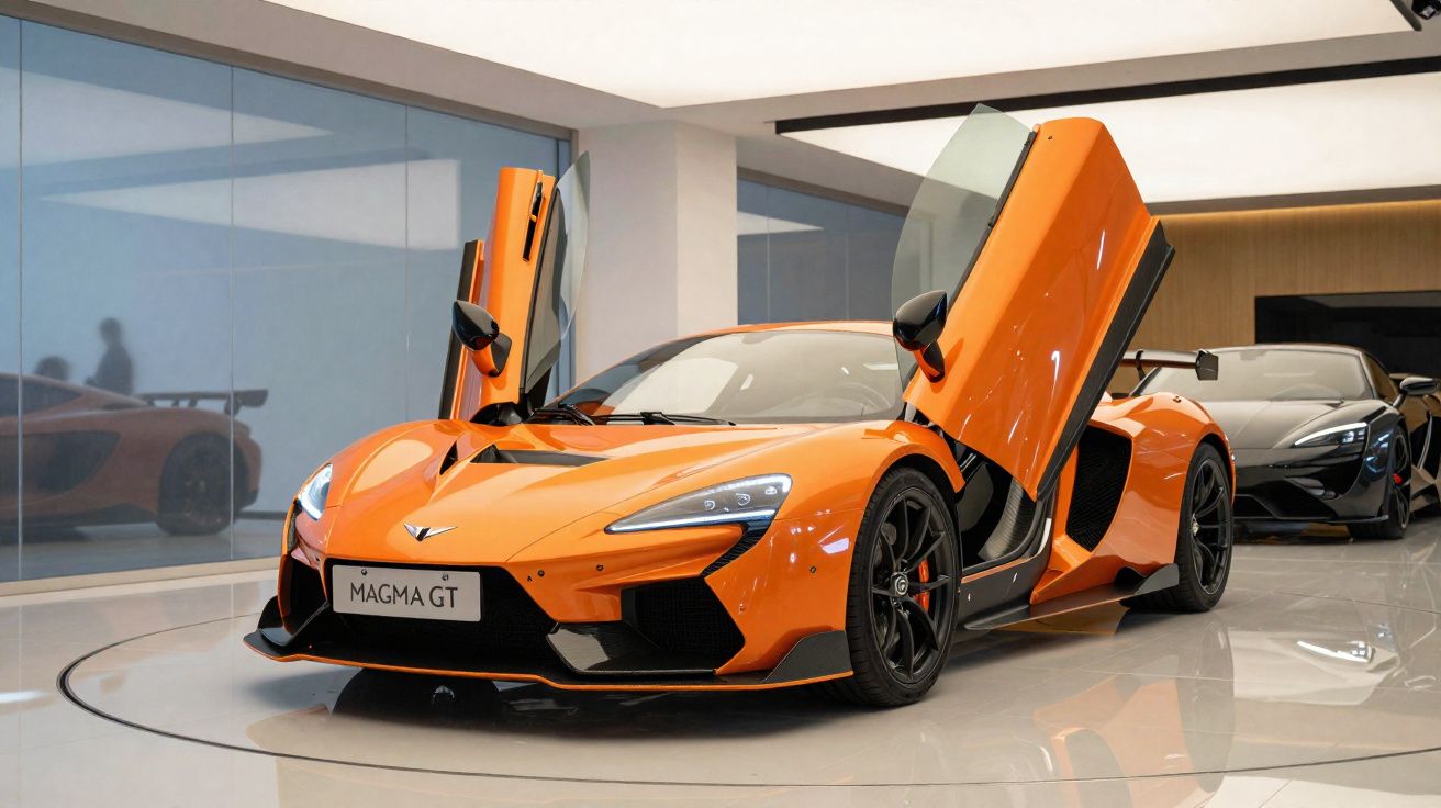 Orange Magma GT sports car with butterfly doors open in a sleek showroom, black sports car in background.