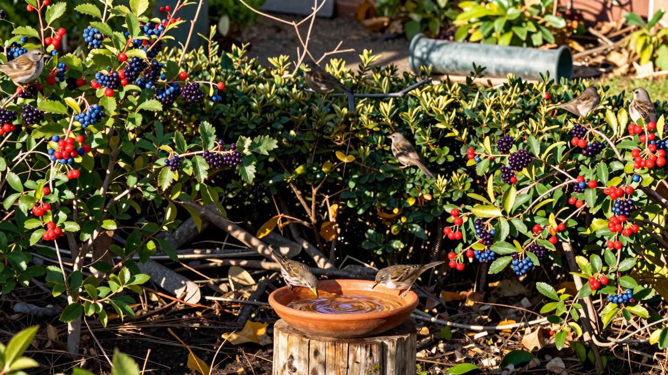 Small birds drinking from a shallow dish surrounded by berry bushes with red and blue fruits in a garden.