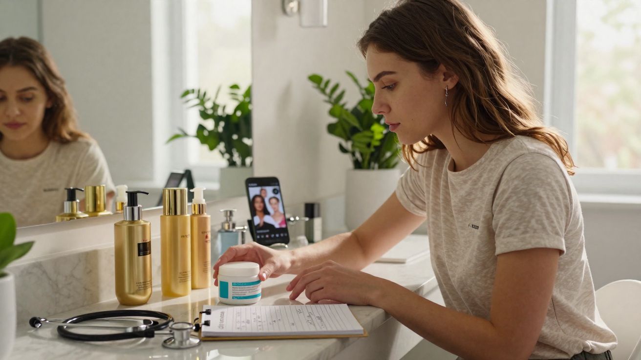 Young woman in casual clothes sitting at a table with skincare products, a notepad, and a phone showing a video call.