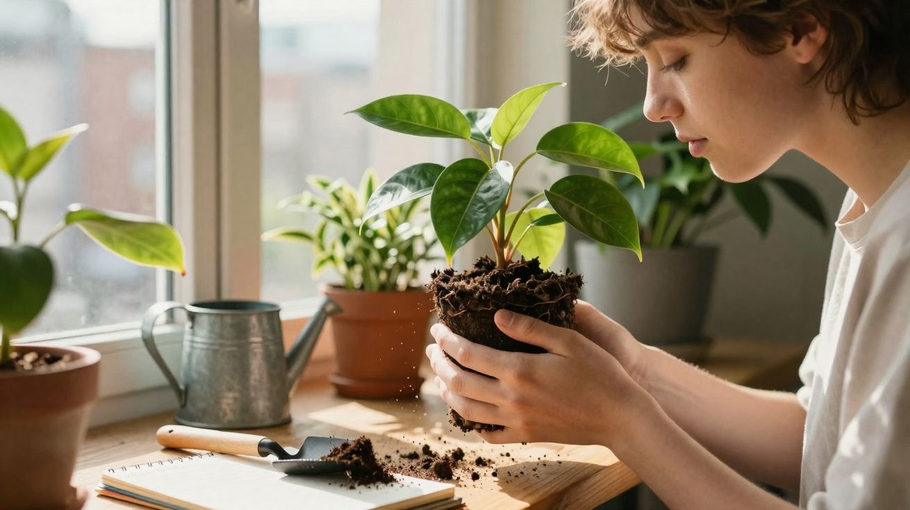 Person repotting a green houseplant by a sunny window with gardening tools on a wooden table.