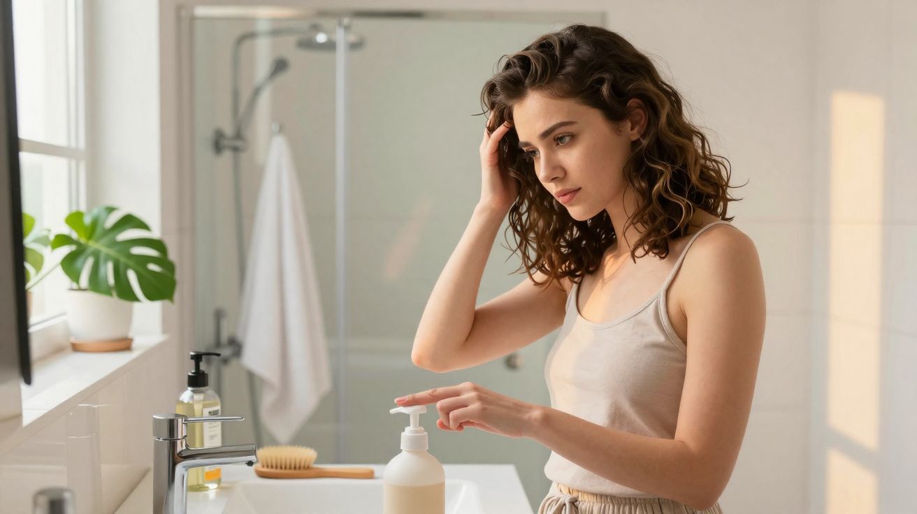 Young woman in beige top dispensing lotion in bright modern bathroom with potted plant by window.