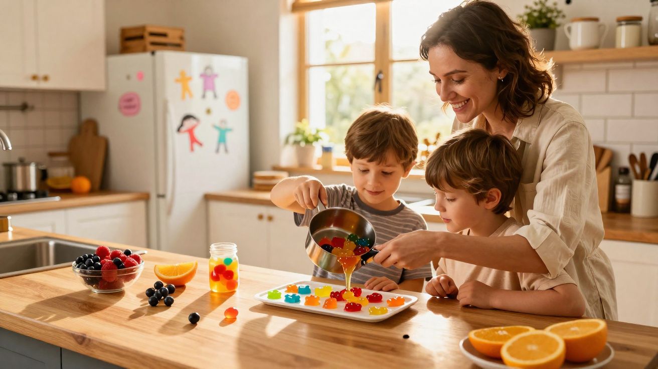 Mother and two children making colourful jelly shapes together in a sunlit kitchen.