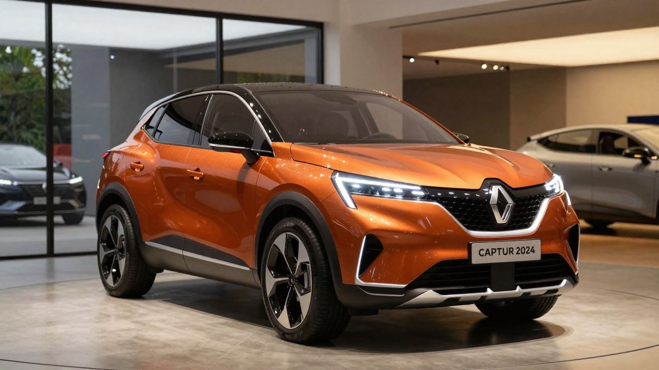 Orange 2024 Renault Captur SUV with LED headlights showcased in a modern indoor showroom.