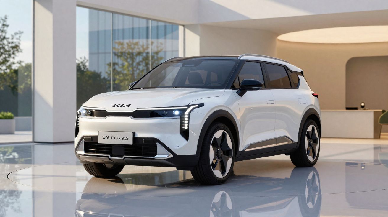White Kia electric SUV with modern design and vertical LED headlights displayed indoors on shiny floor