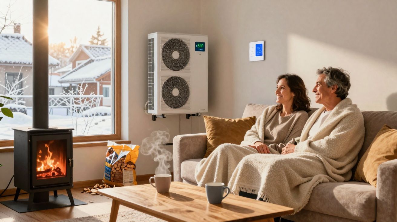 Couple wrapped in blankets sitting on a sofa by a fireplace in a cosy living room on a snowy day.