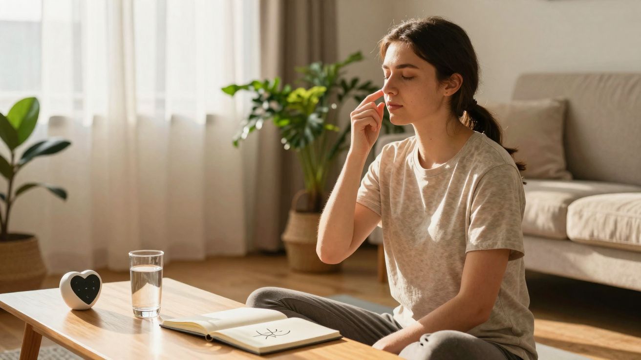 Young woman practising mindful breathing in a sunlit living room with an open notebook and glass of water on a table.