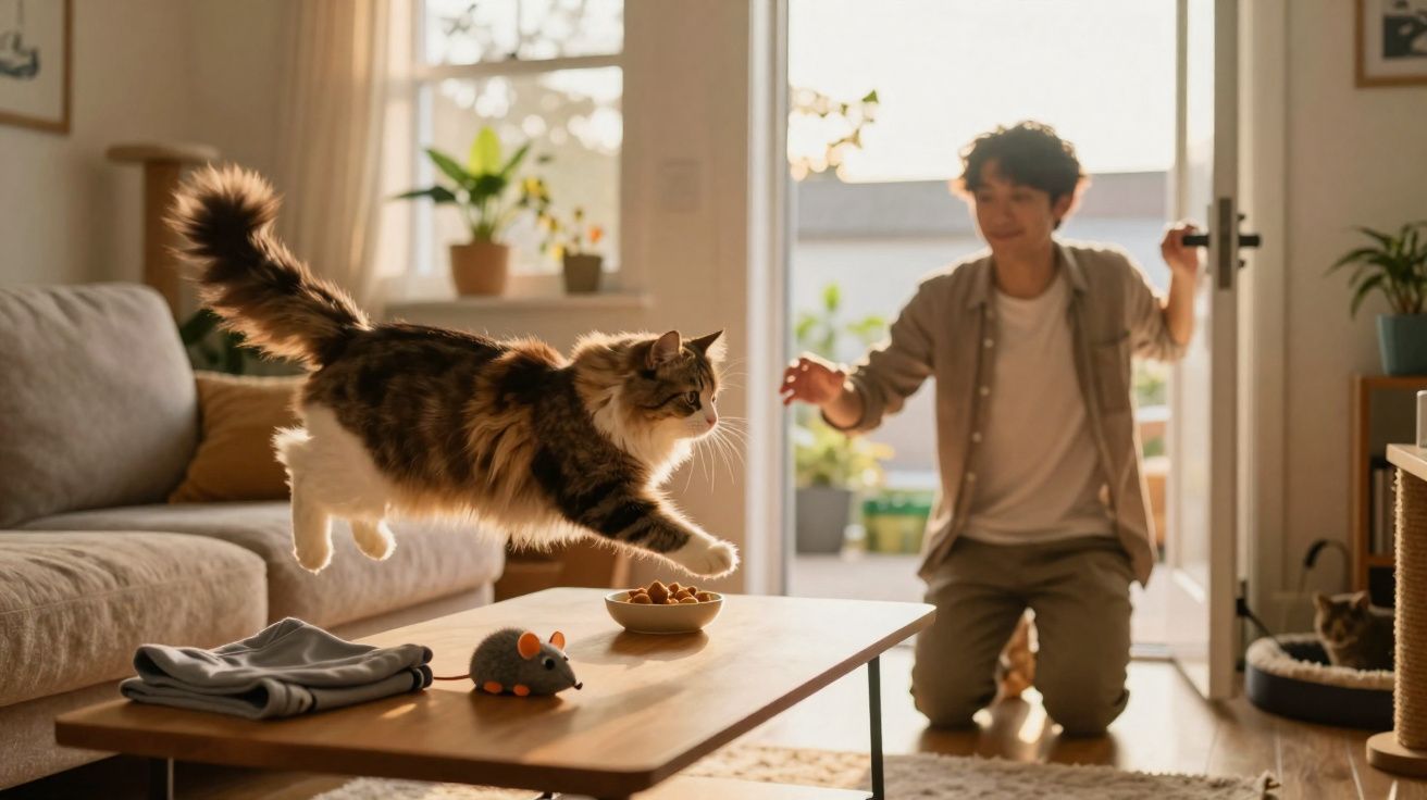 Fluffy cat jumping towards treats on a coffee table as a person kneels near an open door in a sunlit room.