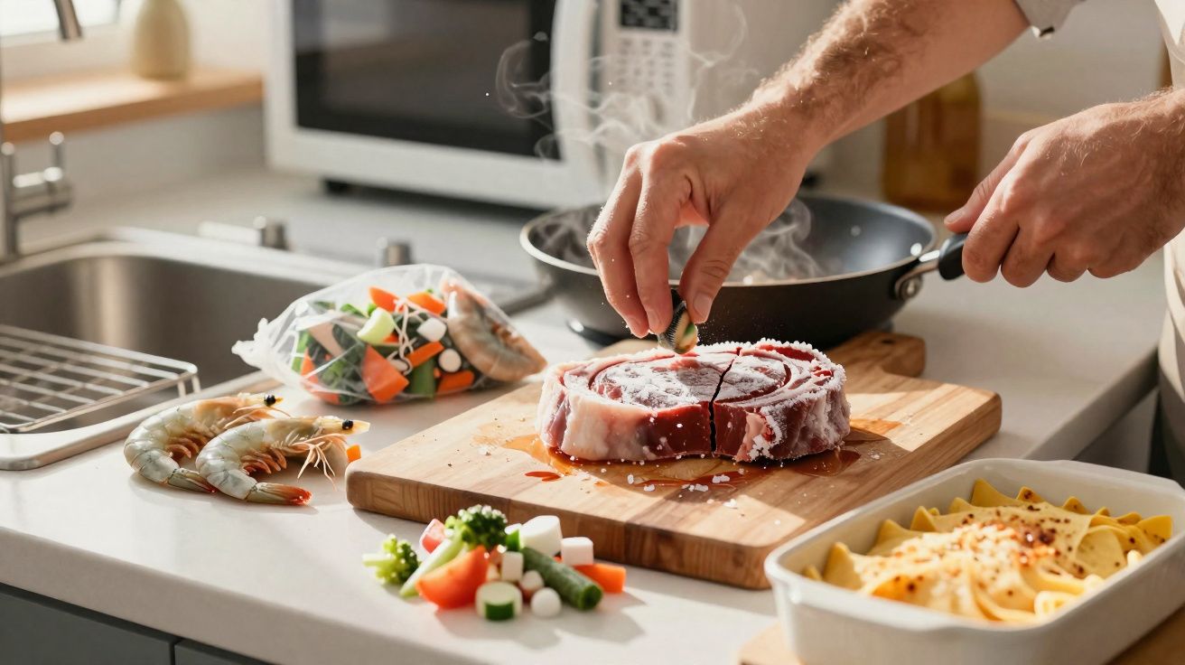 Person seasoning a raw steak on a wooden board with shrimp, mixed vegetables, and pasta dish on kitchen counter.