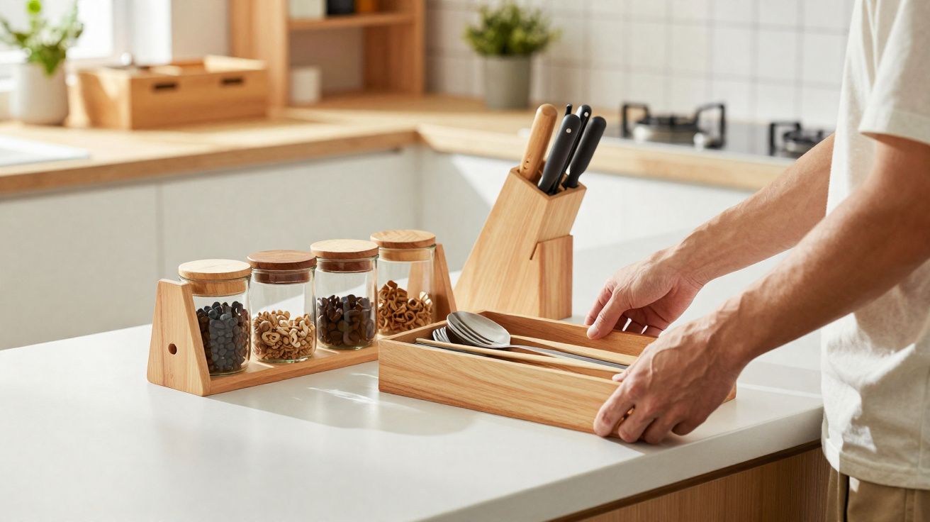 Person organising wooden cutlery tray on kitchen counter with glass spice jars and knife block nearby.