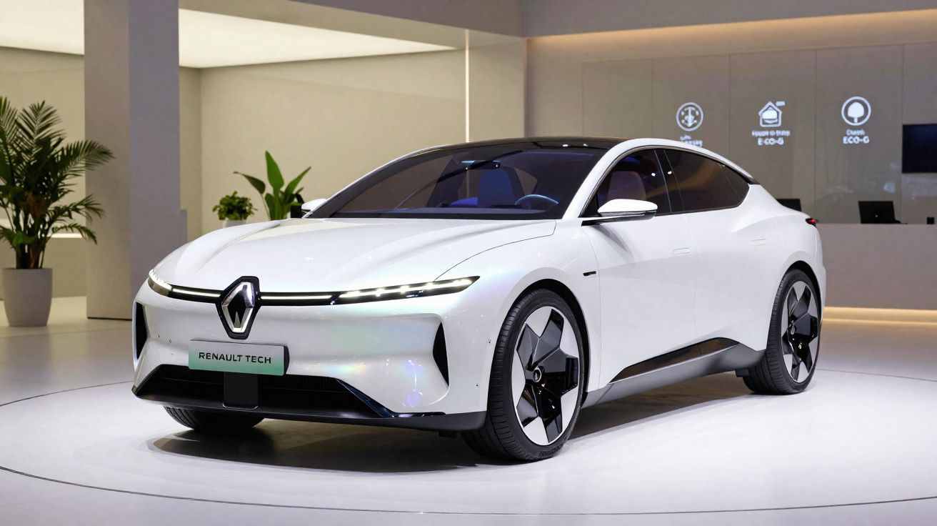 White Renault Tech electric concept car showcased indoors with modern design and sleek LED headlights