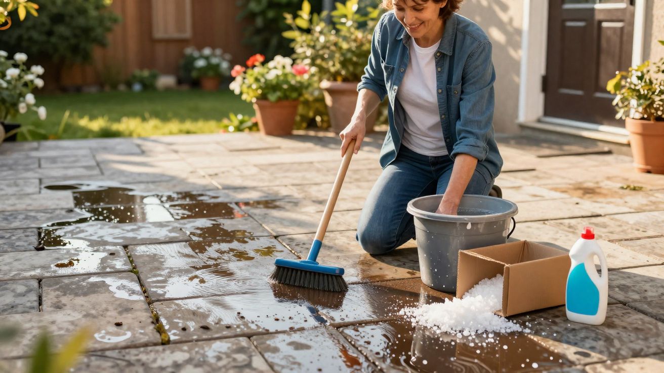 Person scrubbing wet garden patio with a brush, bucket, cleaning liquid, and spilled soap flakes nearby.
