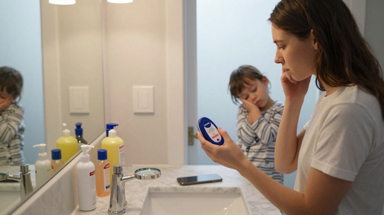 Woman checking medication in bathroom with child resting head on hand in background.
