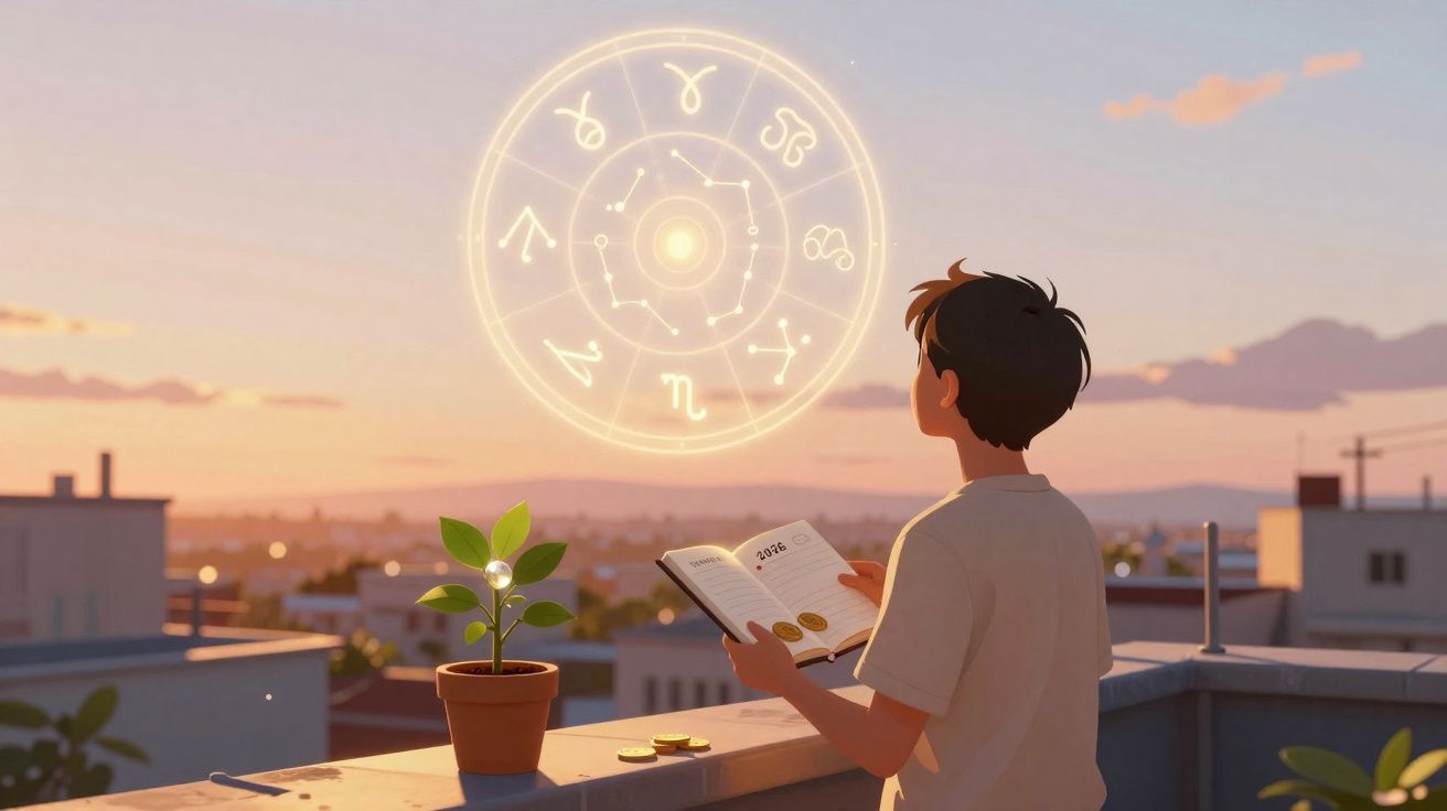 Person reading a book on a rooftop at sunset with a glowing zodiac wheel in the sky.