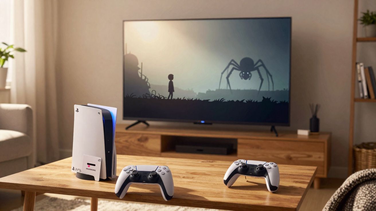 PlayStation 5 console and two controllers on a wooden table with a TV showing a silhouetted game scene.