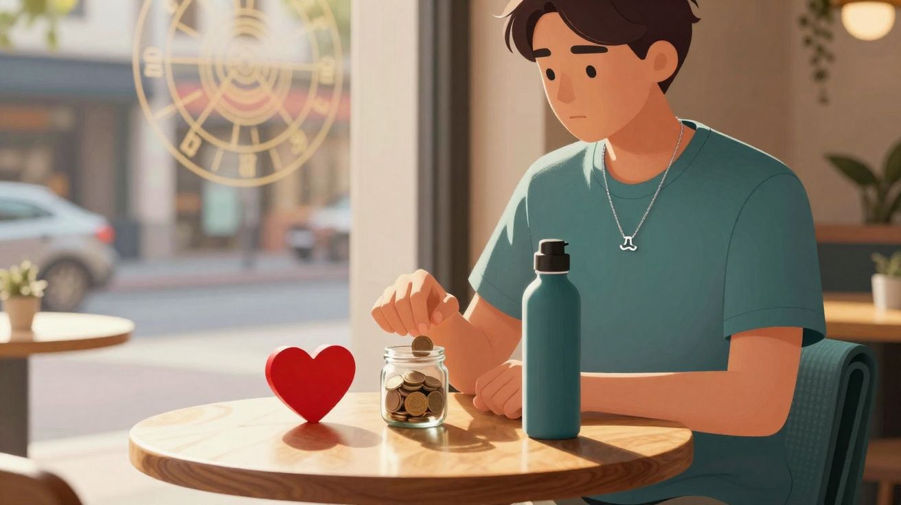 Young man placing a coin into a jar beside a red heart and a water bottle on a café table.