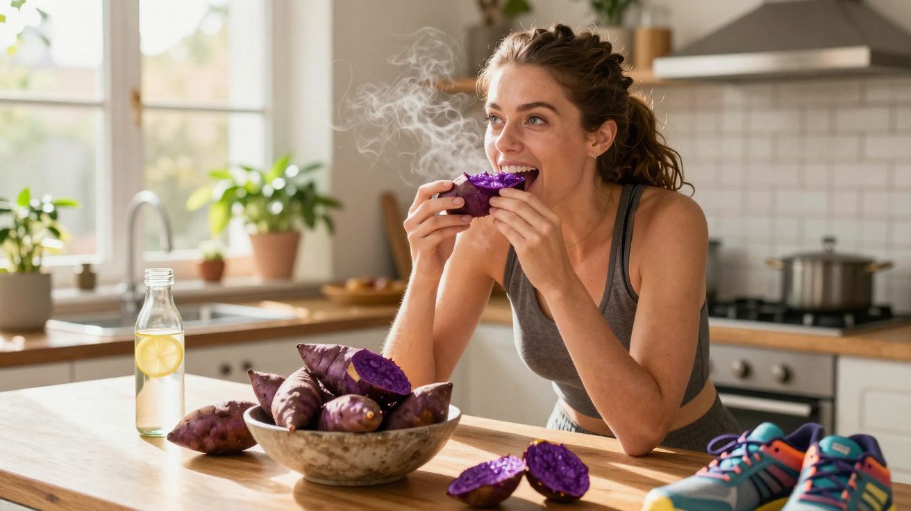 Young woman eating steaming purple sweet potato in bright kitchen with bowl of potatoes and running shoes nearby.